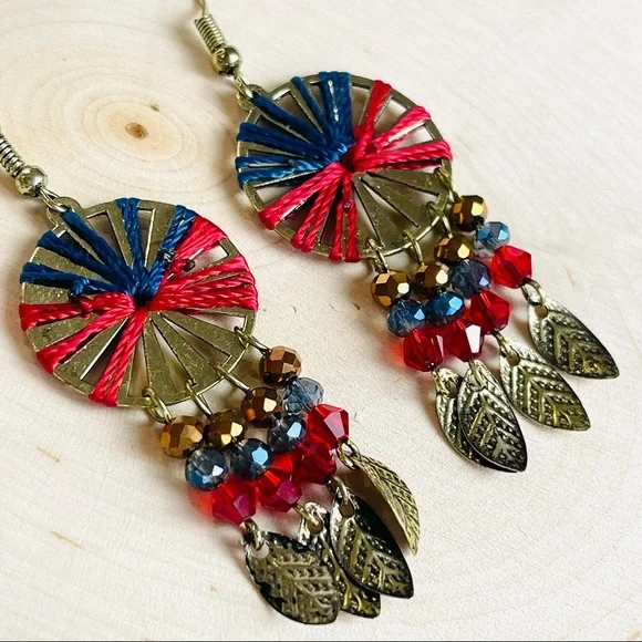 FERRIS WHEEL Southwestern pinwheel DANGLE earring gold feather leaf dangling - Picture 8 of 12